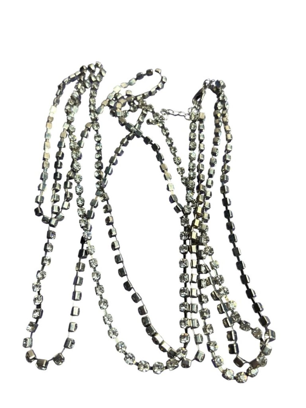 White House Black Market 2 Strand Clear Rhinestone Necklace Silvertone 38" 42"